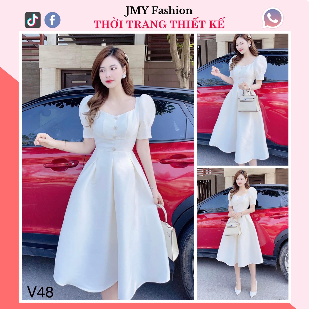 V48 Váy trắng tafta cổ tim tay bồng midi dự tiệc - TH Hà Thanh
