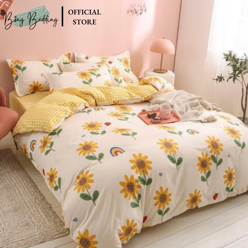 Bộ chăn ga Cotton poly hoa lá chăn ga Hàn Quốc đủ size miễn phí bo chun
