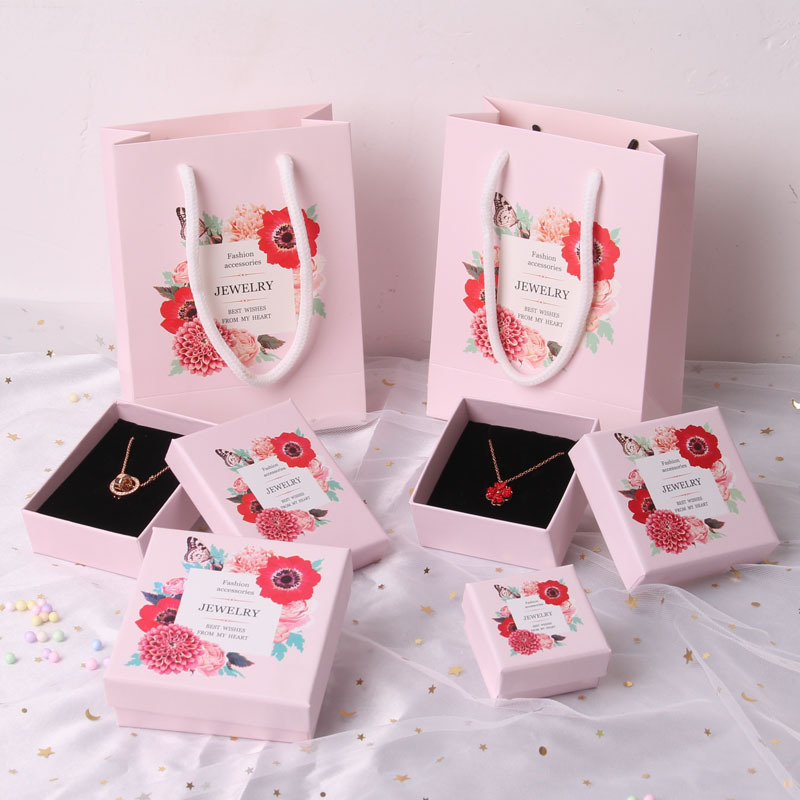 Flower Design Jewelry Box Inside Sponge Pink Gift Bag Paper Box Earrings Storage Necklace Case