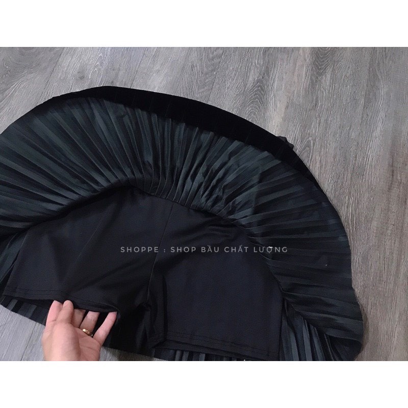 ( có quần lót trong ) ✅ Chân váy bầu xếp li 2 tầng thời trang bầu teen màu nâu,đen (Ảnh thật phía sau)