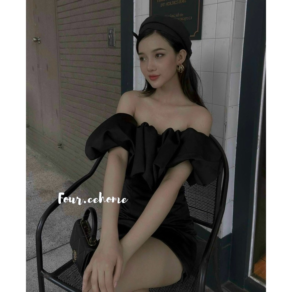 Đầm trễ vai bồng ngực 2 màu trắng, đen