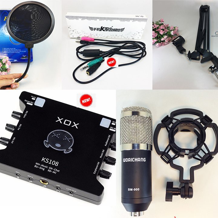 Bộ micro thu âm cao cấp BM900 + sound card KS108 + dây livestream + Kẹp đỡ để bàn và màng lọc, bộ 5 món livestream