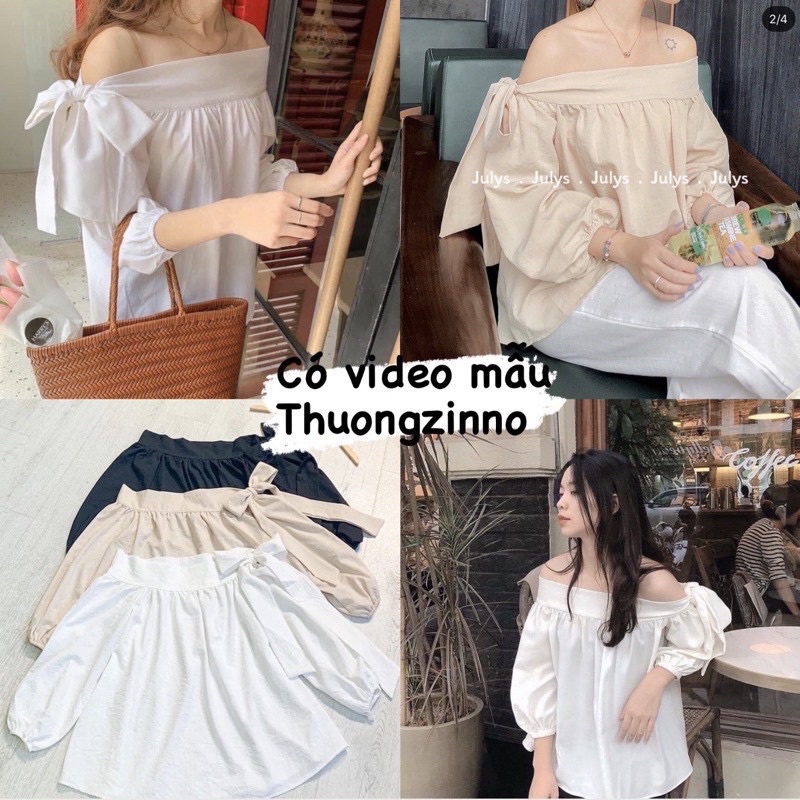 [ẢNH THẬT+VIDEO] Áo Trễ Vai Thắt Nơ Tay Dài Đen/Be/Trắng Khoe Xương Quai Xanh Quyến Gũ