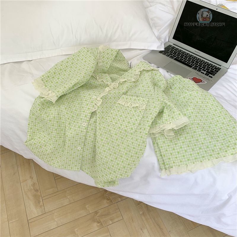 Set đồ ngủ tay ngắn họa tiết chấm bi phong cách Nhật Bản thời trang mùa hè đáng yêu dành cho nữ