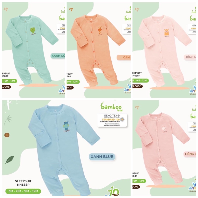 LULLABY - Body không tất Lullaby vải cotton/bamboo cho bé trai/bé gái từ sơ sinh đến 1 tuổi