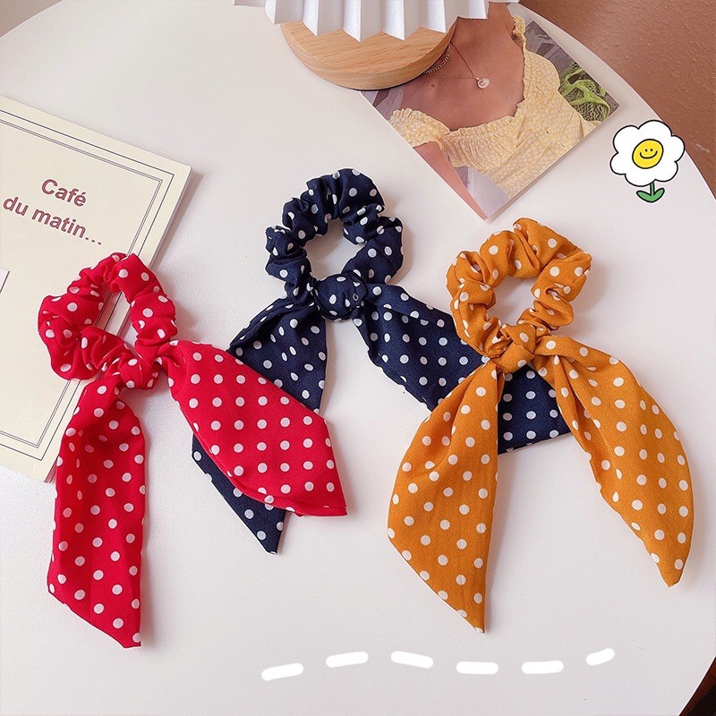 Scrunchies chấm bi phối nơ siêu xinh