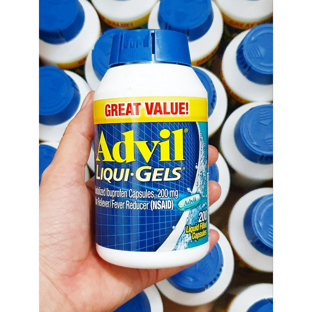 date 8/24 trở lên-chai Viên lớn uống AD.VIL 200mg chai 200 Viên màu xanh liquid filled capsules từ mỹ. Giảm Đa.u Nhứ.c