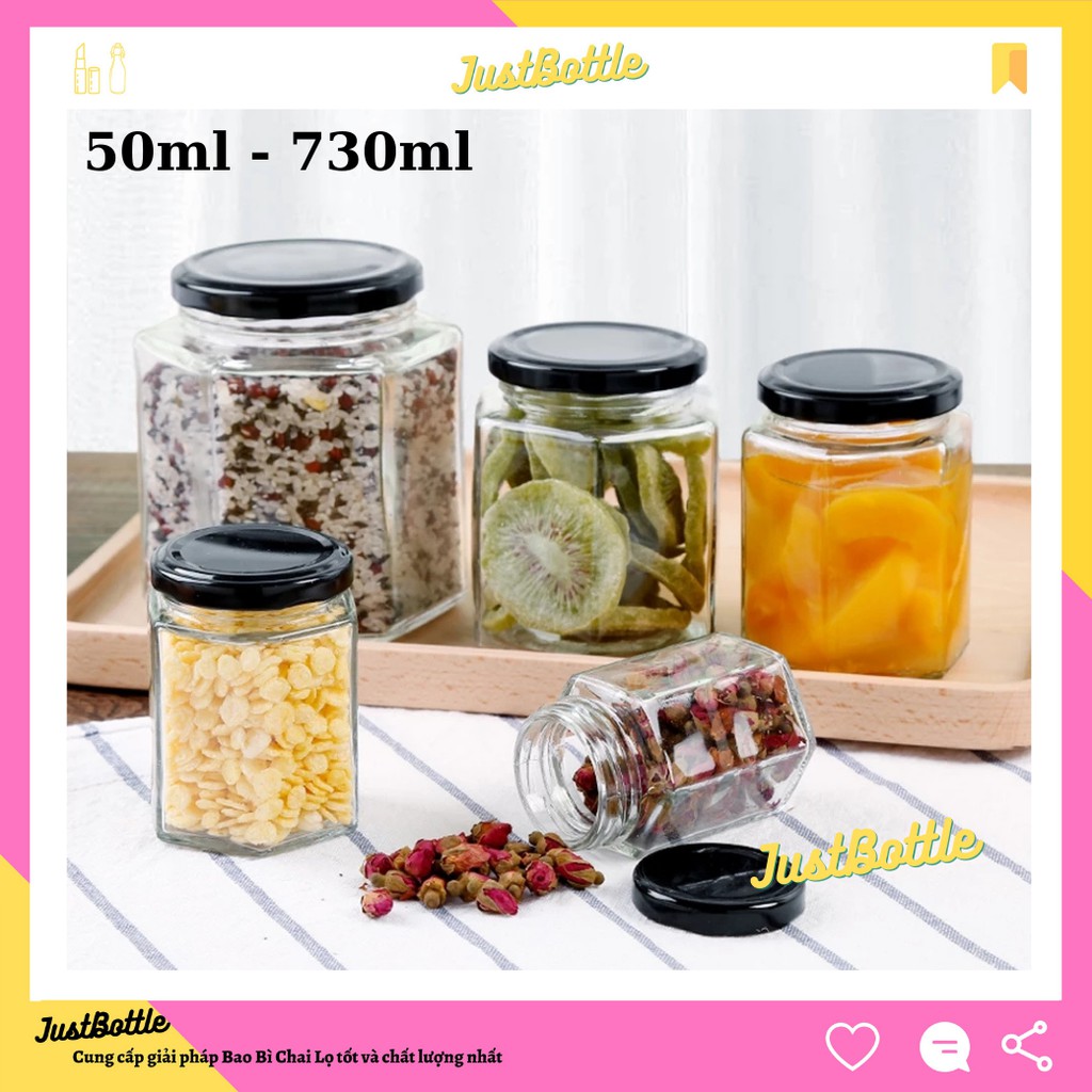 HŨ THỦY TINH LỤC GIÁC nắp thiếc màu vàng đen 100ml 200ml 280ml 380ml 500ml 730ml bảo quản thực phẩm gia vị lớn nhỏ
