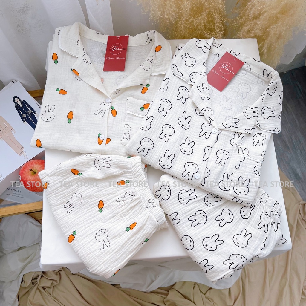 Bộ mặc nhà pyjama chất xô đũi Tea Store áo cộc họa tiết dễ thương  hi