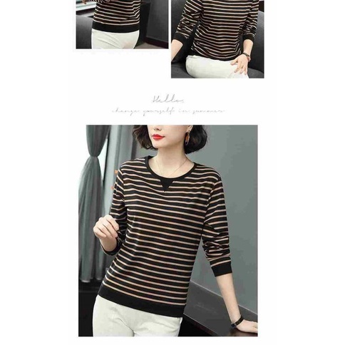 Áo thun tay dài họa tiết kẻ sọc thời trang cho phụ nữ trung niên