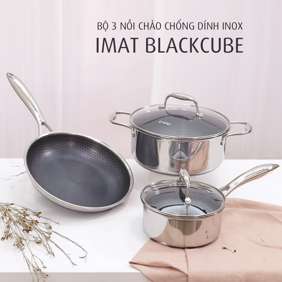[Hàng chính hãng] Bộ 3 nồi chảo iMat Blackcube đa năng, Sản phẩm Blackcube Hàn Quốc Nồi 16-22cm. Chảo chiên 24cm
