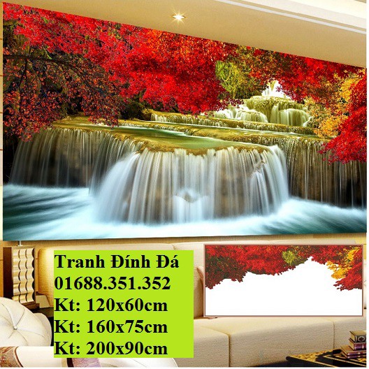 tranh đính đá phong cảnh thác nước kt 150x70cm
