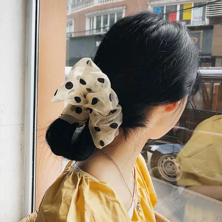 Scrunchie Cột Tóc Bản Lớn Voan Kính Chấm Bi Thanh Lịch Đáng Yêu