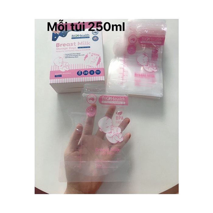Hộp 30 túi trữ sữa Biohealth nhựa cao cấp định hình túi 2 khóa zip chắc chắn
