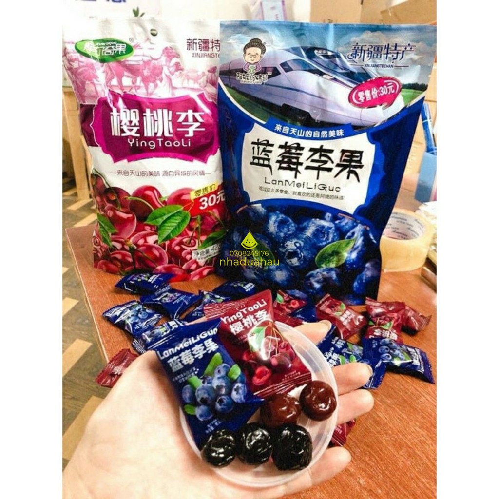 Một gói ô mai xí muội cherry/ việt quất/ mận tím/ mix vị Hongkong gói 408g