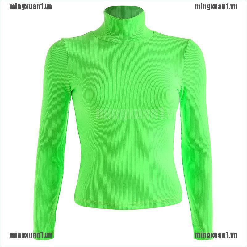 MINON Autumn Winter Neon Color Ribbed TShirt Women Turtleneck Fashion Knitted Tops Tee VN