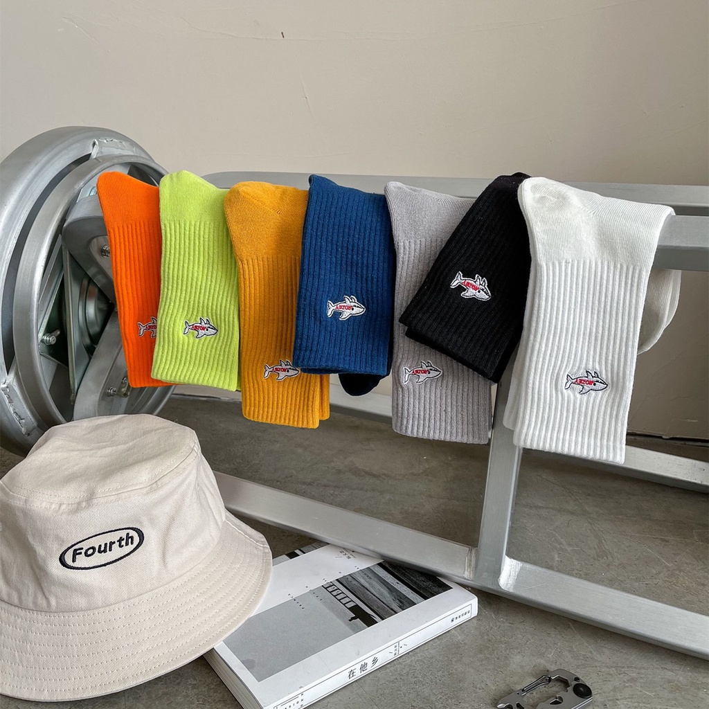 WAFNHA D476 Vớ Thể Thao Màu Trơn Thêu Hình Cá Mập Dành Cho Nam