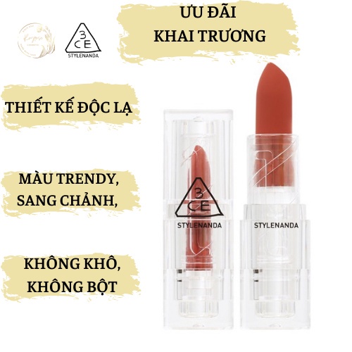 Son Thỏi Lì 3CE Soft Matte Lipstick Vỏ Trong Suốt Cho Làn Môi Mịn Màng Ẩm Mượt