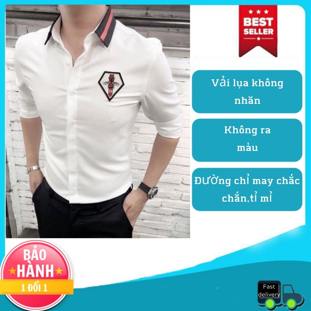 Áo Sơ Mi Nam CHẤT LỤA DÀI TAY LOGO CON ONG TRẮNG -ĐEN PHONG CÁCH HÀN QUỐC (44-70KG)