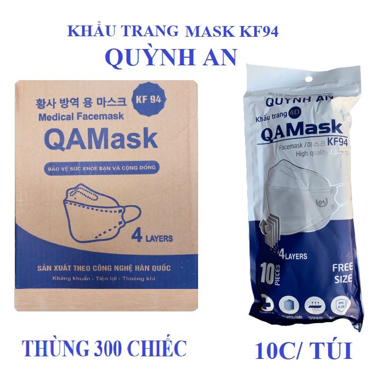 Thùng 300 Khẩu Trang KF94 Y Tế Kháng Khuẩn 4D QUỲNH AN 4 Lớp Màu Trắng, Công Nghệ Hàn Quốc, Ôm Sát Mặt, Bảo Vệ Sức Khỏe