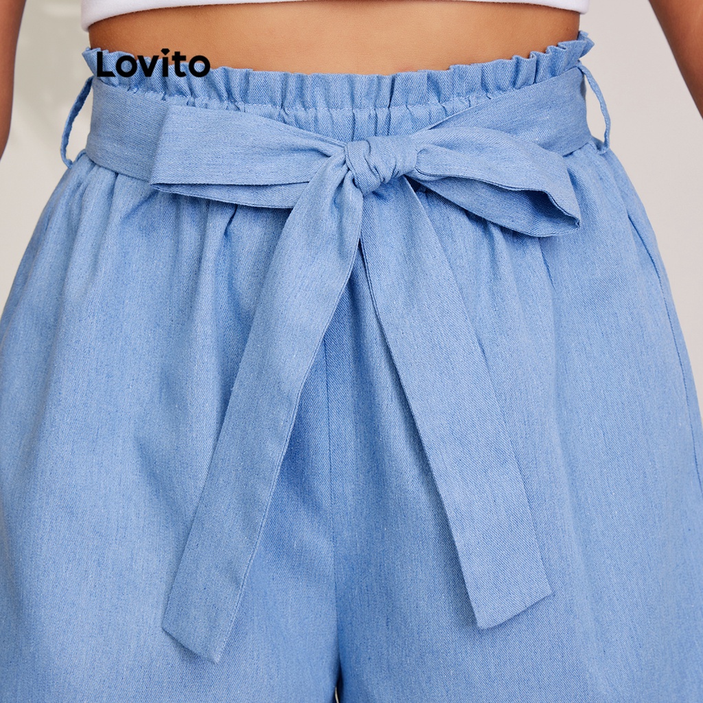 Quần short Lovito denim có dây thắt lưng cạp cao màu trơn phong cách thường ngày L27LD037 (màu xanh dương nhạt)