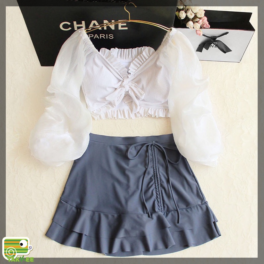 Đồ Bơi Nữ, Bikini Hai Mảnh Dáng Váy, Áo Tay Bồng Thời Trang Hot Trend Mới Nhất