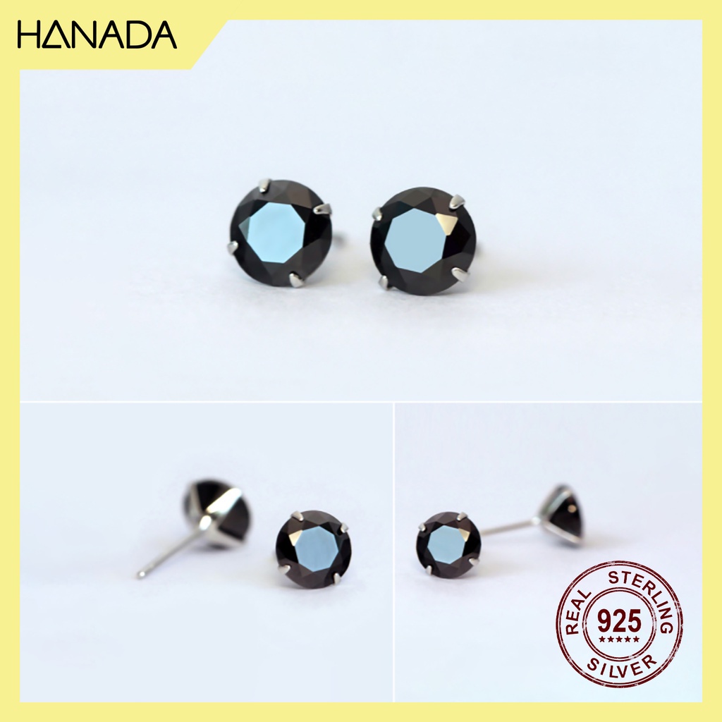 Bông Tai Bạc Cao Cấp Hanada 0397 Một Hạt Đá Đen Trắng Nam Nữ Nhỏ Đơn Giản