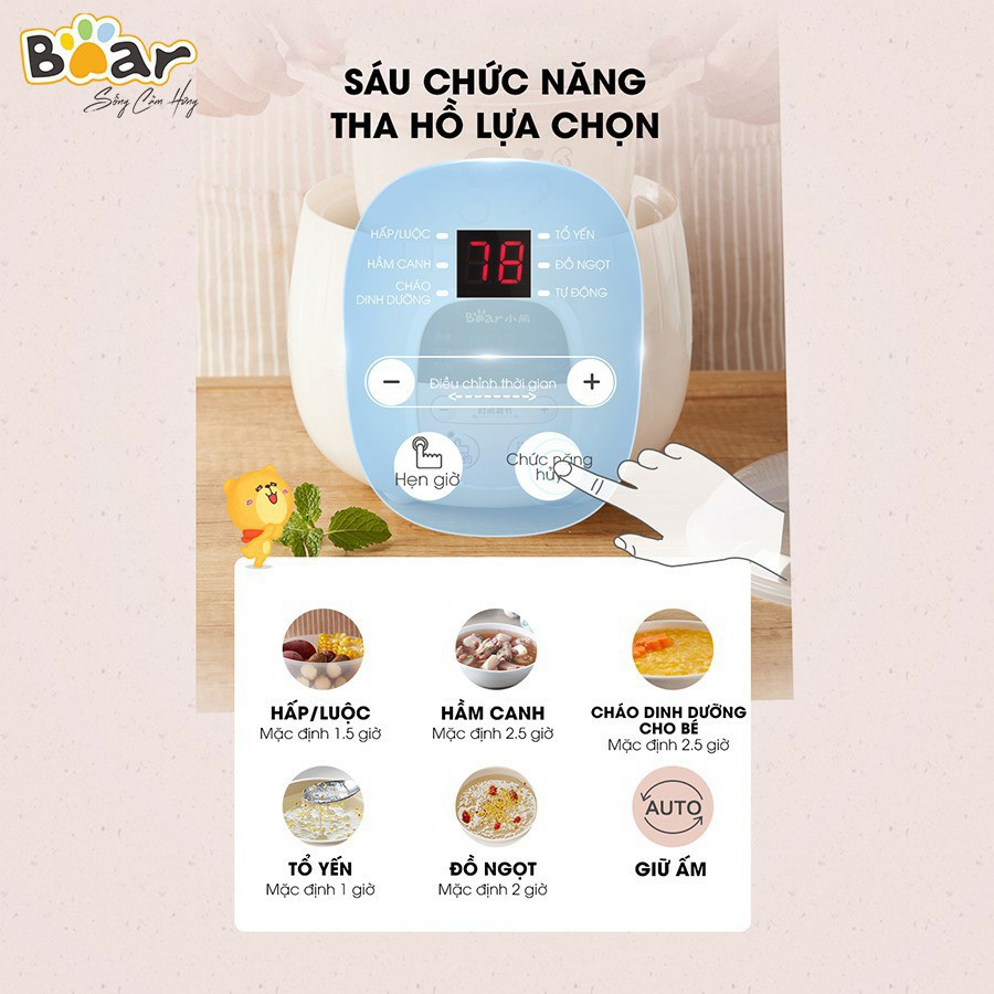 Nồi Nấu Chậm 0,8L Bear Chính Hãng, Nấu Cháo, Hầm, Hấp, Chưng Yến Bản Quốc Tế Bảo Hành 18 Tháng - SUBE001