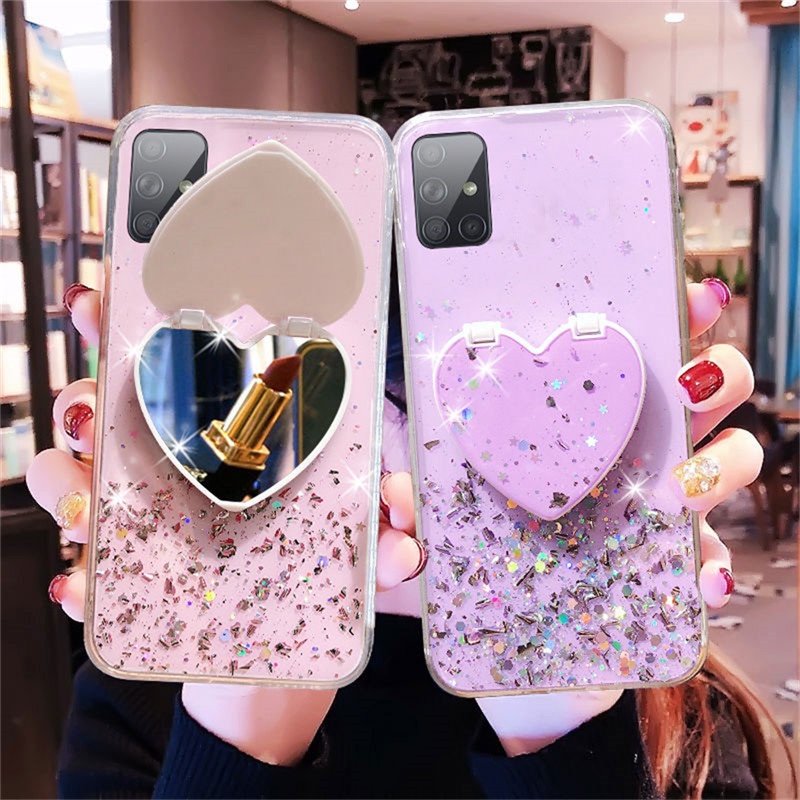 Ốp điện thoại đính kim tuyến có giá đỡ gương cho samsung galaxy s10 s20 s21 plus note 10 20 ultra
