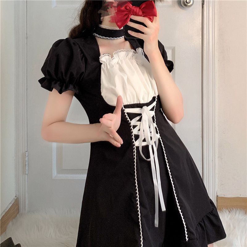 [Order] (L3) Váy đầm Gothic Lolita Lolita đan nơ dáng xòe loại đẹp màu đen