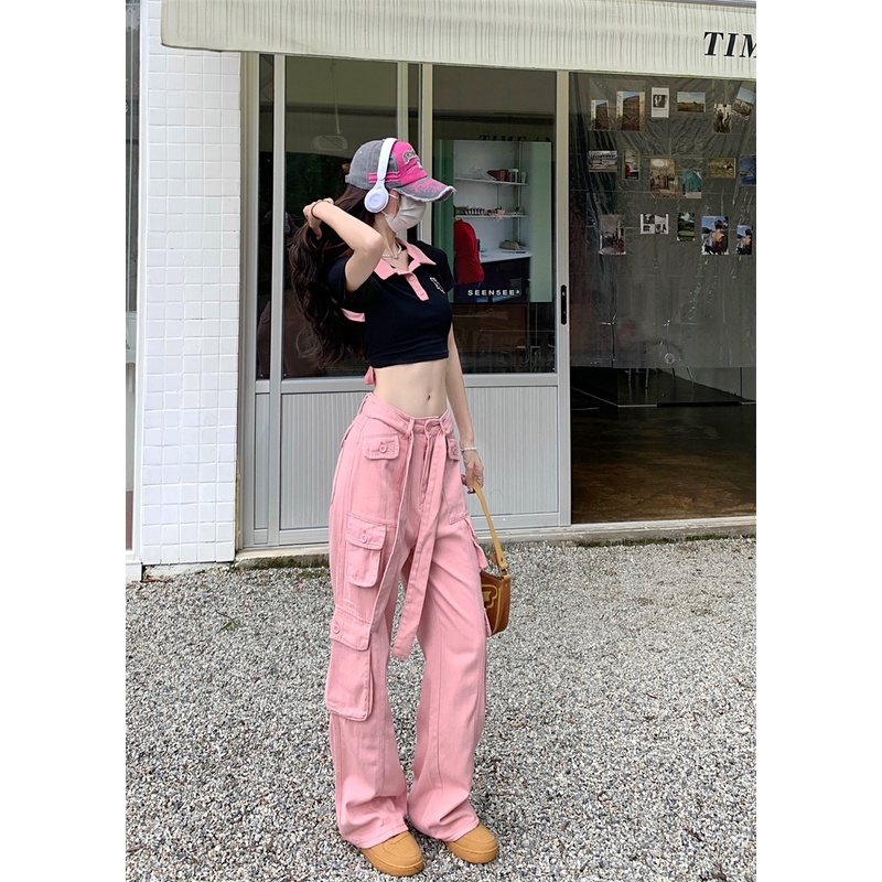 Quần Dài Lưng Cao Dáng Rộng Chất Liệu cotton Phối Nhiều Túi Thời Trang Hàn Quốc 2022 Cá Tính Cho Nữ