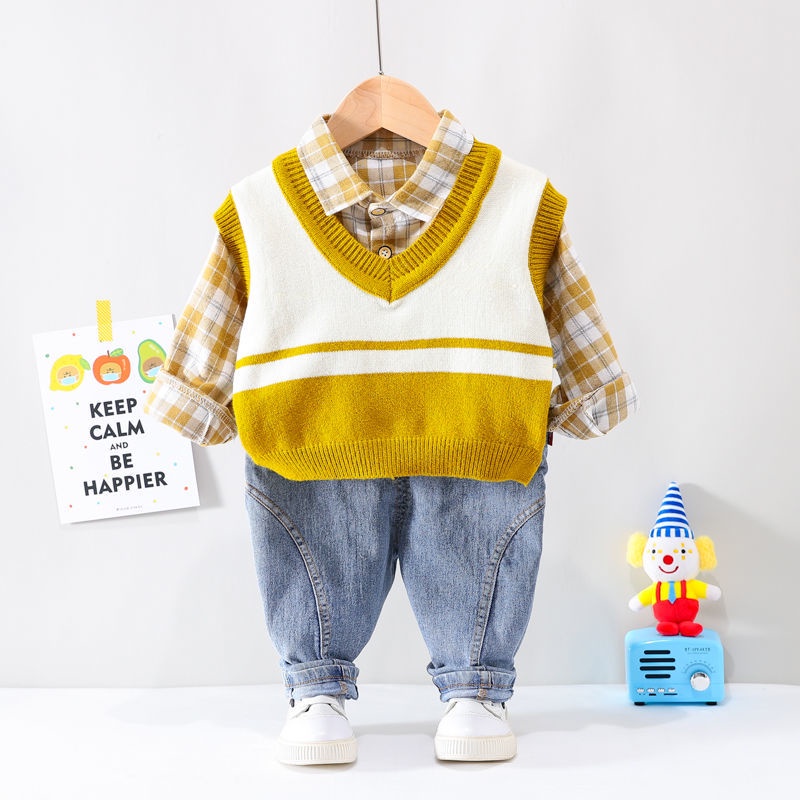 Set Áo Sơ Mi Caro + Áo Khoác Ghi Lê Thời Trang Cho Bé Trai