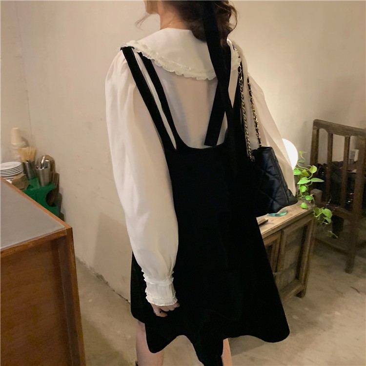 [CÓ SẴN-TPHCM] SET YẾM NHUNG ĐEN PHỐI ÁO CỔ BÈO VÀNG NHẠT