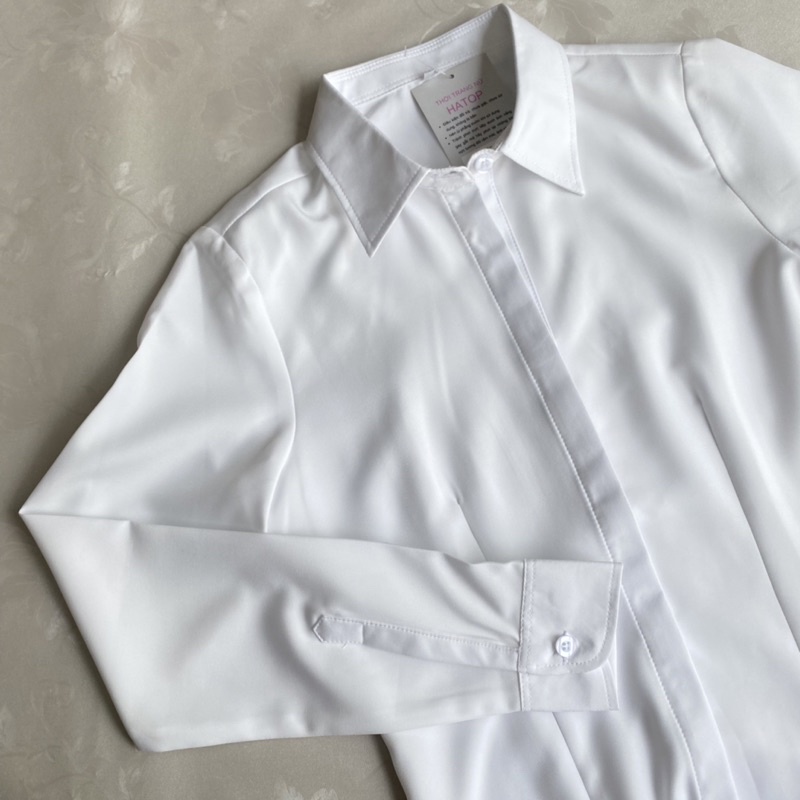 Áo sơ mi nữ tay dài giấu nút HATOP cao cấp vải cotton loại 1 màu trắng ASDT216