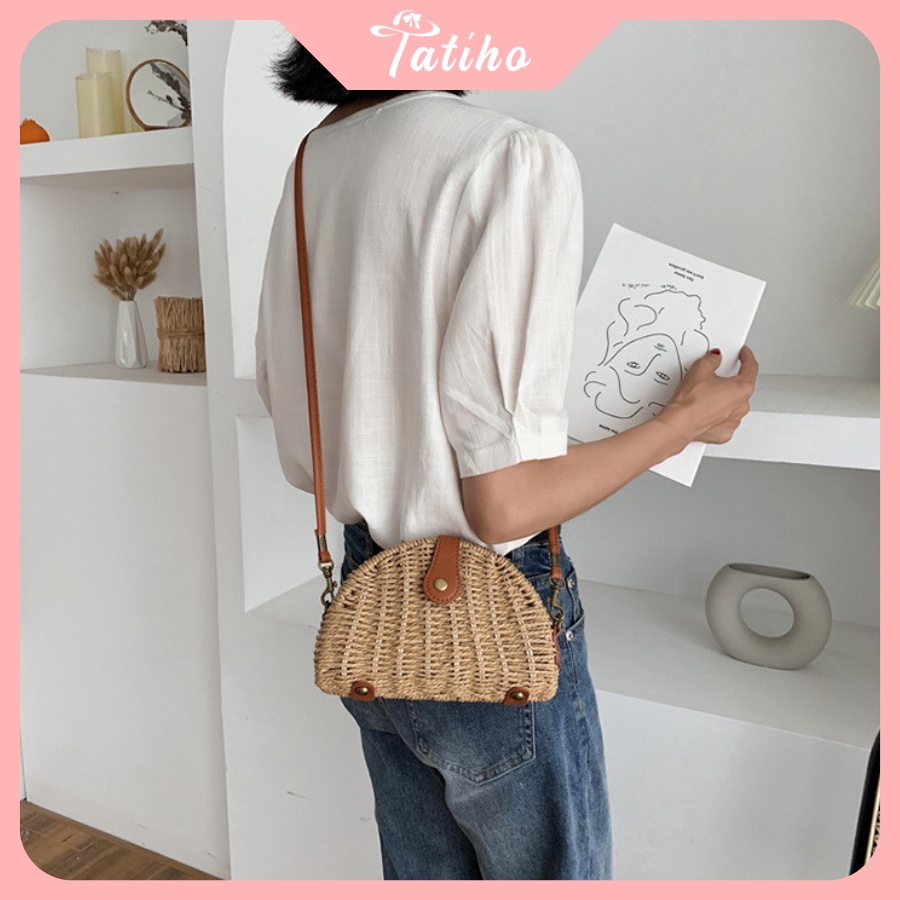 Túi Cói Đeo Chéo Mini Trơn Dễ Thương Phong Cách Hàn Quốc - TATIHO - Mã TUI63