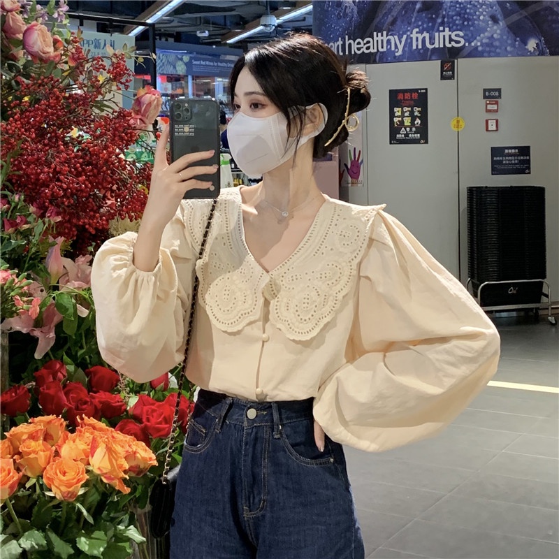 Áo sơ mi tay dài cổ búp bê phối ren form rộng xinh xắn thời trang cho nữ