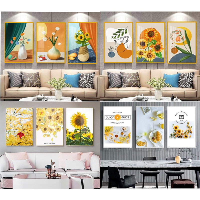 Tranh treo tường Bộ 3 Tấm - Tranh Hoa Hướng Dương chất liệu Kim Sa thuận phát