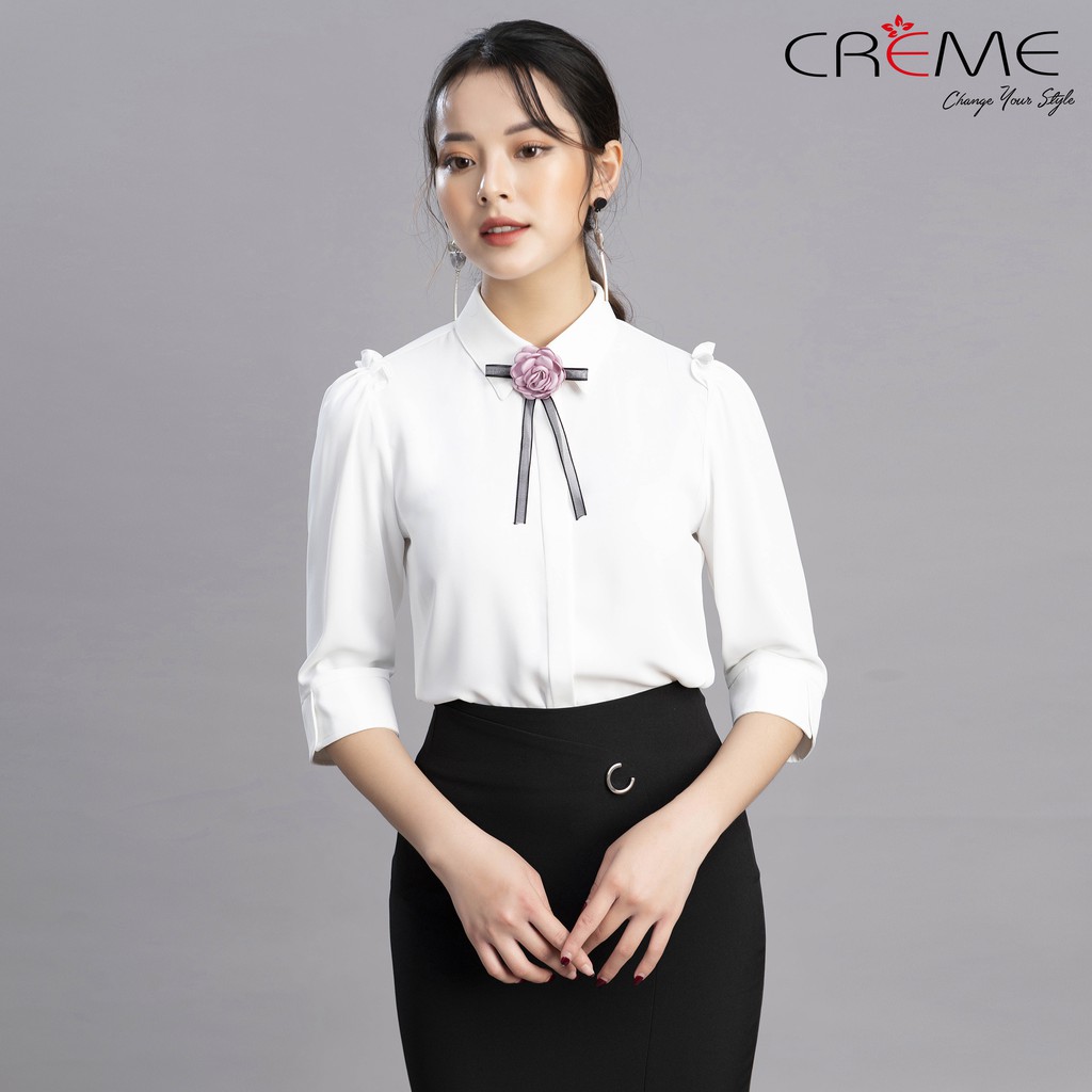 [Mã FAMALLT5 giảm 15% đơn 150k] Áo sơ mi nữ cổ đức tặng kèm hoa cài SM1012 CREME