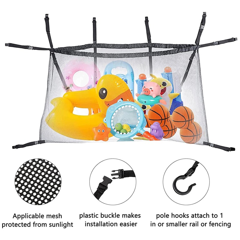 Túi Lưới Nylon Màu Đen Có Móc Sức Chứa Lớn Đựng Đồ Chơi Đi Biển / Mua Sắm / Đồ Chơi Ngoài Trời