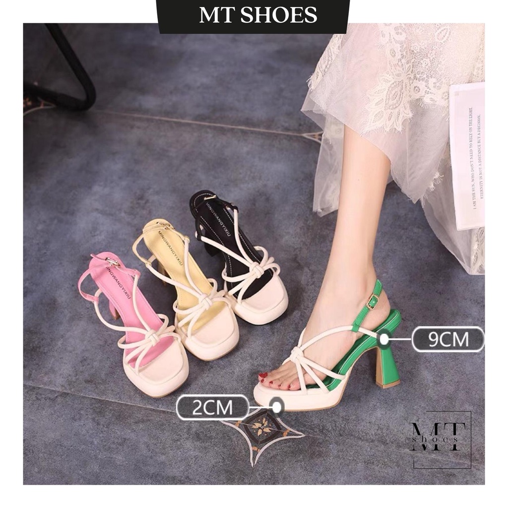 Sandal gót trụ mũi đúp quai ống nhỏ kiểu gút dây cao 9 phân phối màu Siêu Hot chất da chuẩn đẹp cực tôn dáng