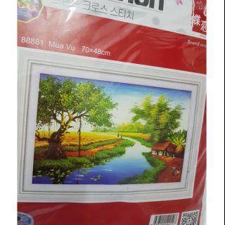 Tranh thêu chữ thập phong cảnh làng quê mùa lúa chín vàng( hình thật)