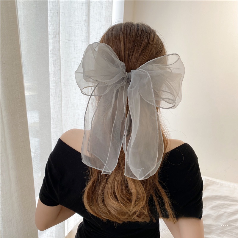 Kẹp Tóc Nơ Đính Đá Phối Lưới Màu Đen Phong Cách Hàn Quốc Dành Cho Nữ