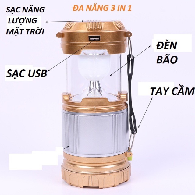 ĐÈN BÃO SIÊU SÁNG TIỆN LỢI 4 TRONG 1 DÙNG SẠC 220v  (đèn bão - sạc điện thoại - đèn pin - tích điện bằng pin mặt trời)