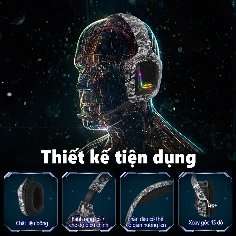 Tai nghe chơi game âm thanh nổi gắn trên đầu ONIKUMA K20 màu đỏ và trắng với micrô và đèn RGB