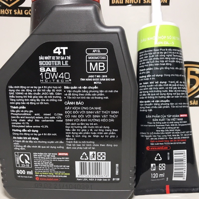 Combo Motul Scooter 10W40 800ml và nhớt hộp số  láp xe tay ga Motul Gear Oil 80W90 120ml
