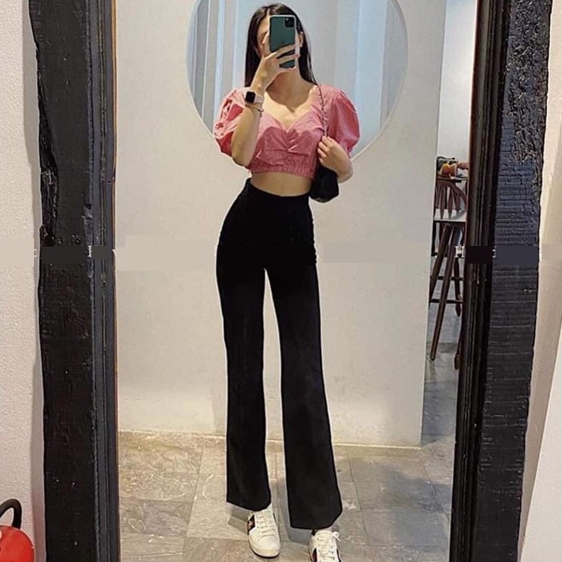Quần ống loe cạp cao legging dáng dài cạp chun co giãn vải dày mềm - Quần đen ống loe lưng cao ôm dáng đứng chất cotton