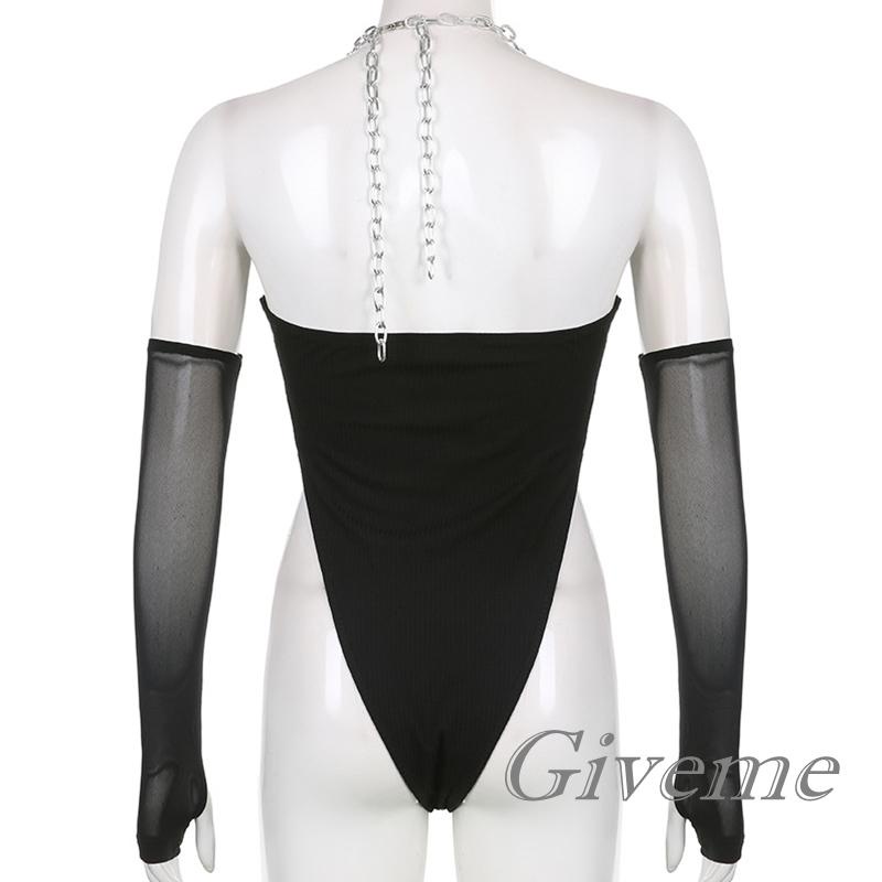 Bộ Áo Liền Quần Phối Lưới Dây Xích + Cánh Tay Màu Đen Hợp Thời Trang Cho Nữ