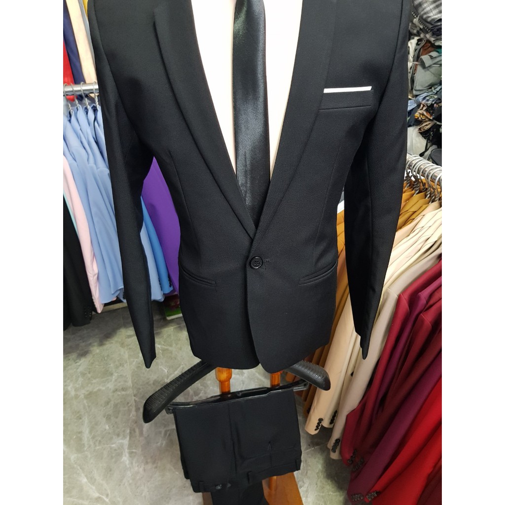 Bộ vest nam full size màu đen (áo vest+quần+cà vạt+nơ)