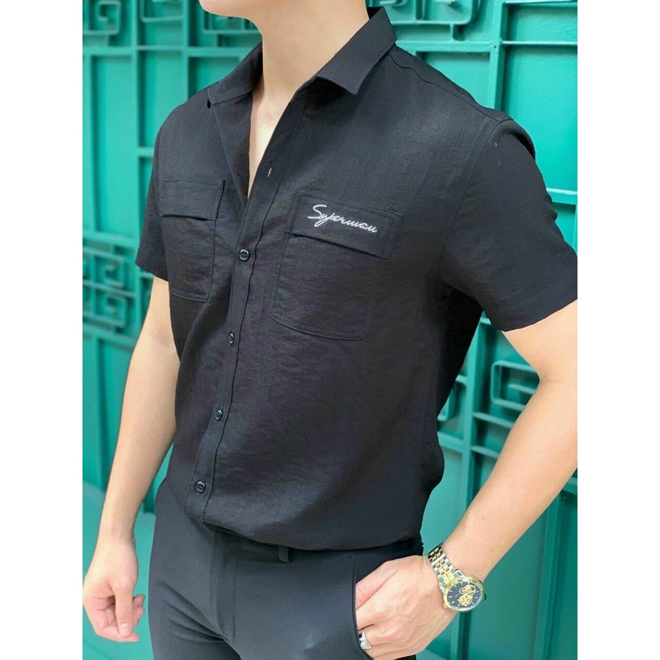 Áo sơ mi nam ngắn tay vải đũi phong cách đơn giản thêu chư DC dày dặn mặc mát VBSHOP001