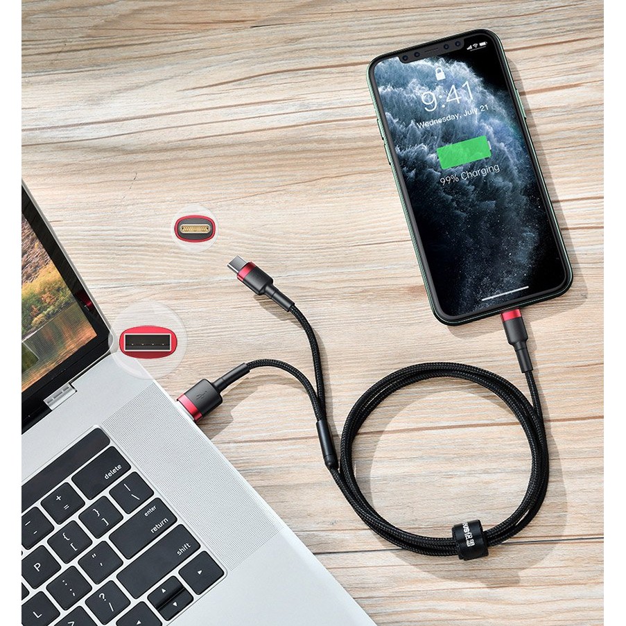 Dây Cáp 2 in 1 BASEUS chân TypeC và cho IPvà type C Baseus cafule USB+Type-C PD Cable 1.2m